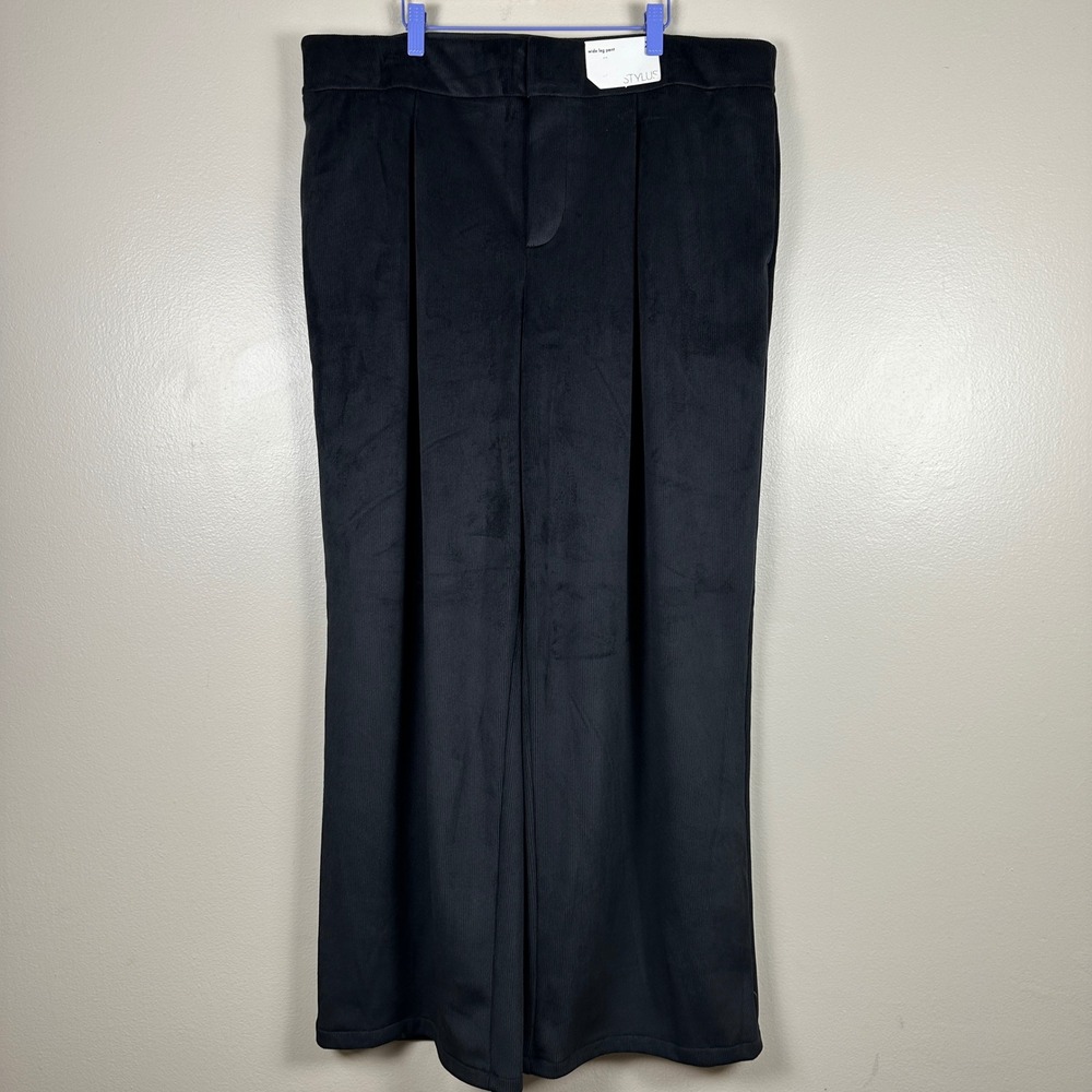 Stylus Women's XL Wide Leg Pant Black Ribbed Corduroy Pleated High Rise NEW